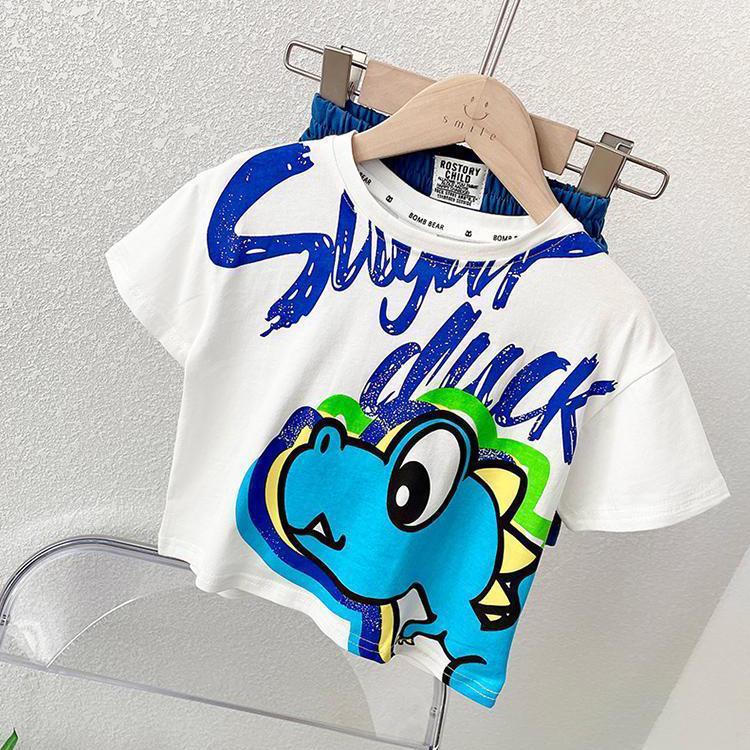 Boys' Suit Summer Children's Clothing Print Wing Solid Loose T-shirt Shorts Casual Wear Two Piece Set