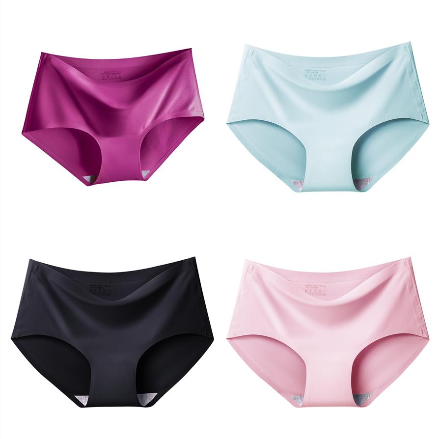 4Pcs/Set Ice Silk Seamless Underpants Women's Mid-waist Large Size Solid Color Thin Soft Briefs