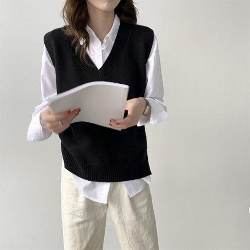 Sweater Vest Women V-neck Solid Simple Slim All-match Casual Korean Style Teenssleeveless Sweaters