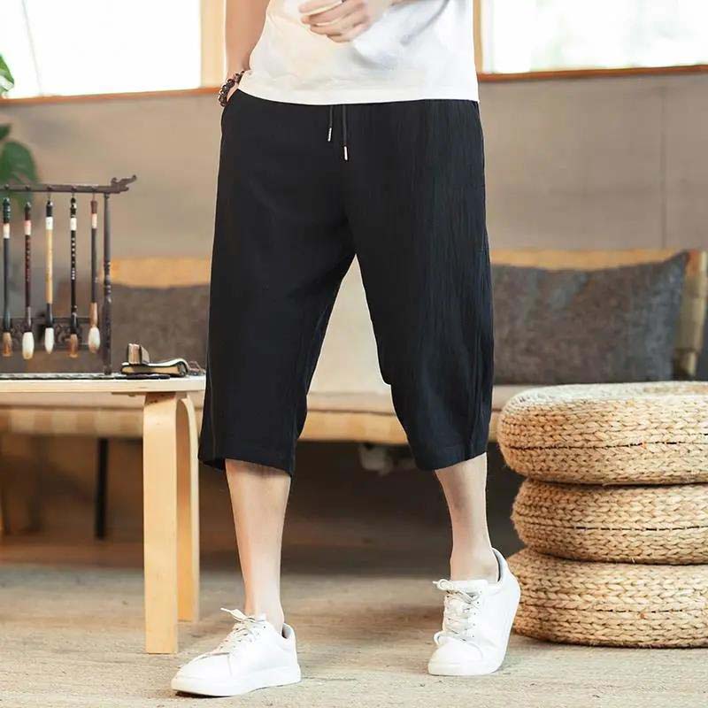 Cropped Pants Men's Linen Shorts Summer Thin Casual Pants Loose Large Size Cotton and Linen Beach Pants