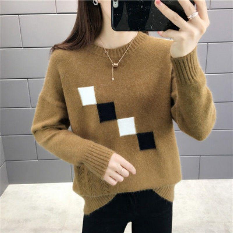 Autumn Winter Women Sweaters and Pullovers Plaid Thick Knitted Sweater Female Loose Pull Femme