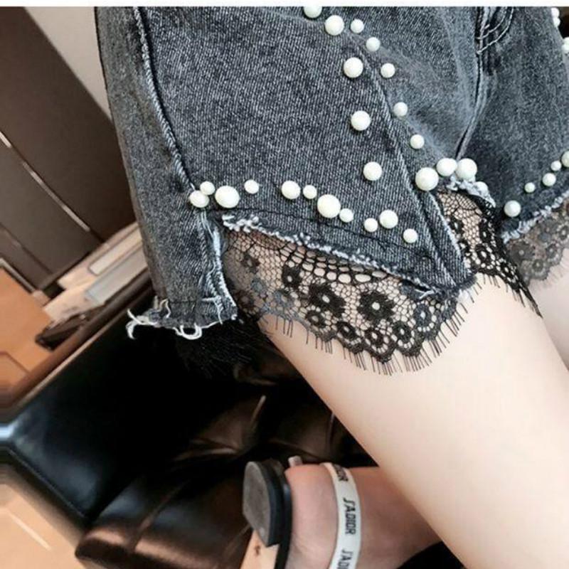 WTEMPO Denim Shorts Women High Waist Summer Thin Section Was Thin Hole Trousers Beaded Lace Wide Leg Pants