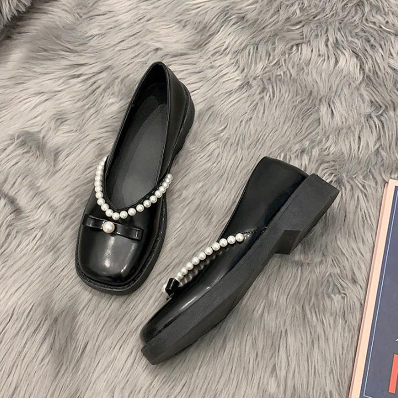 Shoes Women's Retro French Square Toe Leather Shoes Single Shoes One Pedal Loafers Soft Bottom Casual Pearl Peas Shoes Mary Jane Shoes