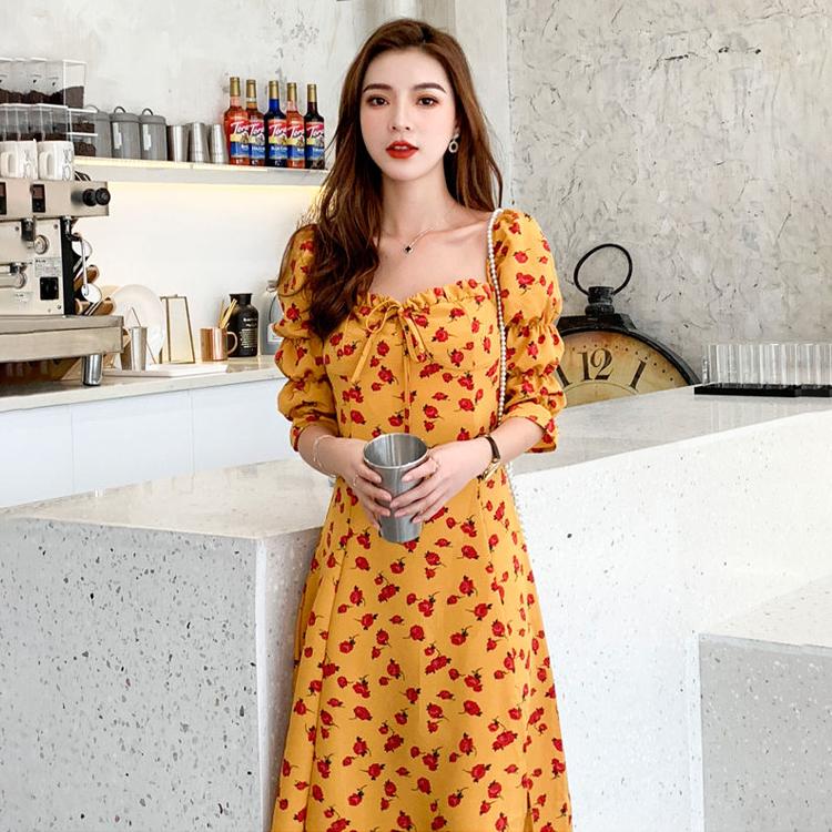 2020 Strawberry Print Cute Long Dress Spring Summer Women Streetwear Slim Split Dress Chiffon Dress