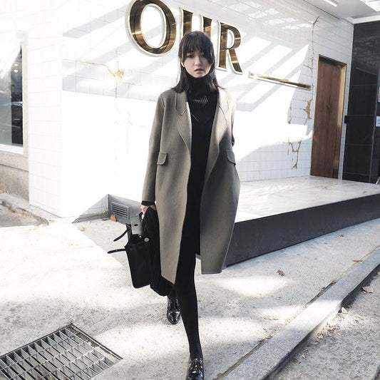 Autumn Winter Wool Long Coat Jacket Casual Christmas Blazer Outwear Elegant V-neck Women Coat