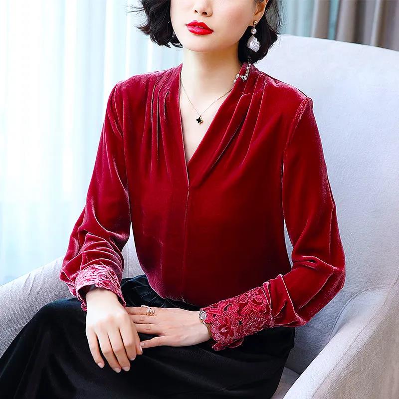 Women Sexy V-neck Velvet Office Blouse Elegant Blue Long Sleeve Wild Basic Shirts Vintage Casual Ladies Top Spring Pullover