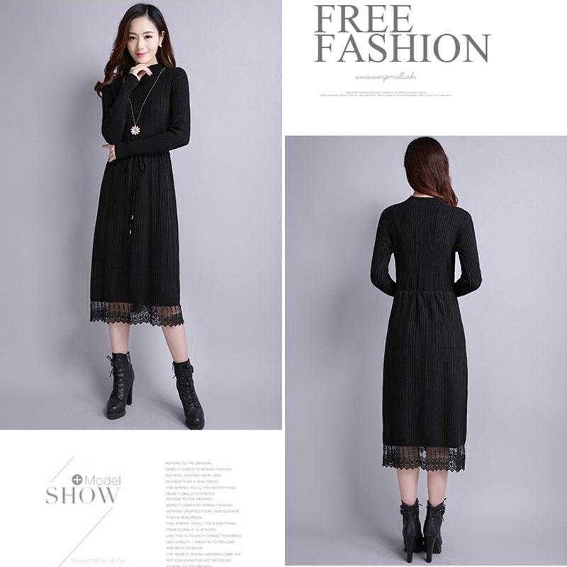 Autumn and Winter Long Sweater Dress Over The Knee Knit Bottoming Dress Half High Neck Lace Female Sweater