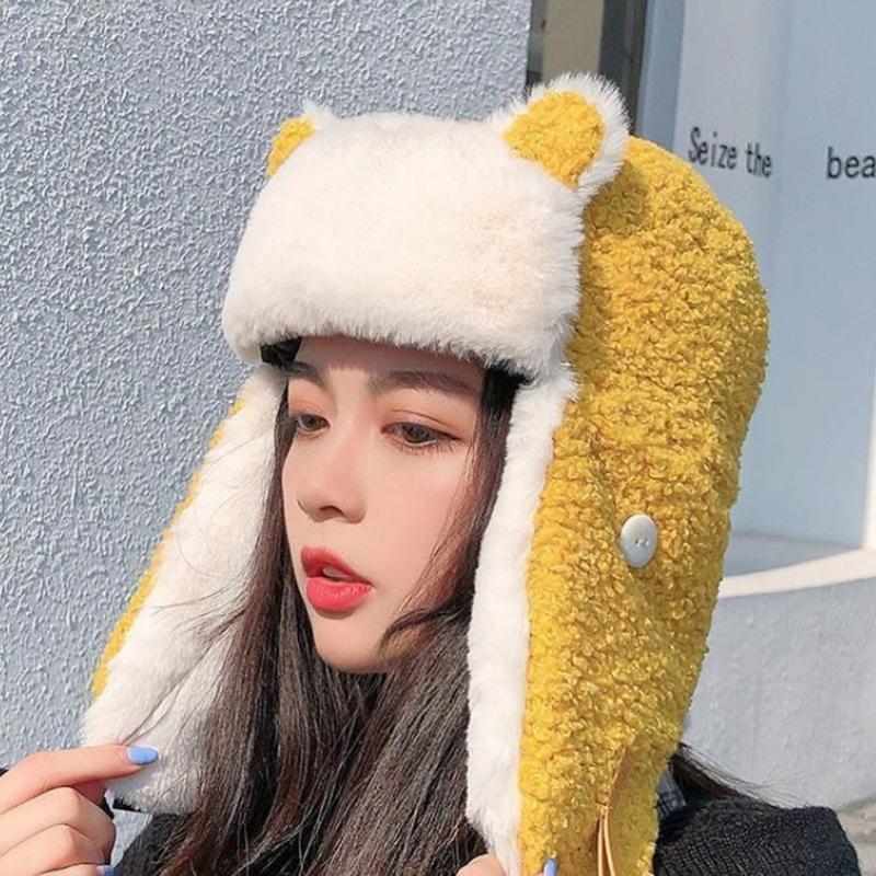 Women's Autumn and Winter Hats Detachable Warm Cold Proof Cycling Hats Ear Protection Thickened Windproof Cute Bear Ears Cap Warm Mask with Air Valve