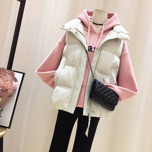 Large Size Stand-up Collar Down Padded Jacket Women's Short Autumn and Winter All-match Loose Waistcoat Waistcoat Warmth Padded Padded Jacket