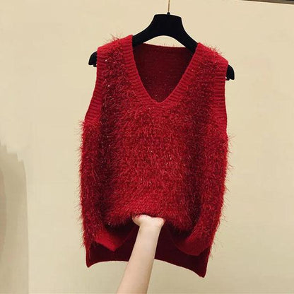 Women's Spring Fall Elegant V-Neck Vest Solid Color Sleeveless Sweater Winter Loose Bright Silk Tassel Knit Pullover