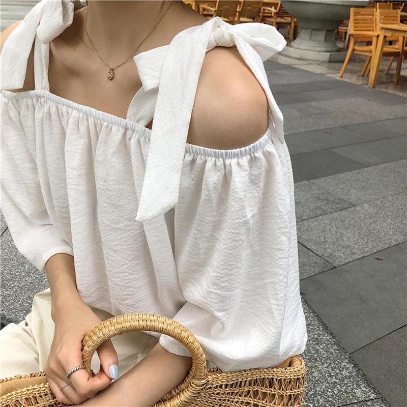 Striped Shirt Women's Lace-up Short-sleeved Shirt Loose One-shoulder Top Chiffon Loose Sweet and Elegant Ladies Off-shoulder Shirt