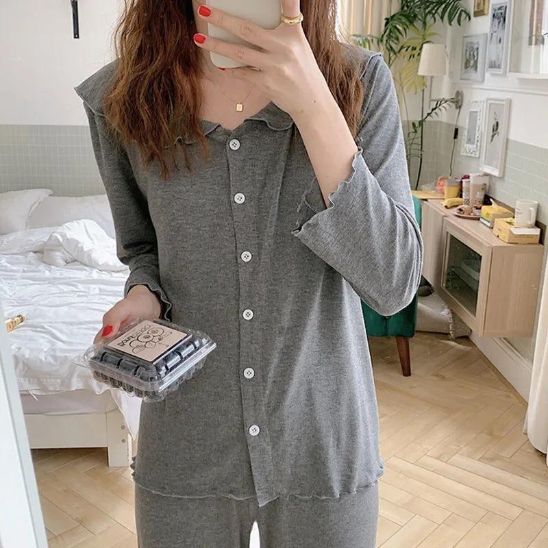 Women's Spring Autumn Long-sleeved Pajamas Set Loose Simple Lotus Leaf Collar Buttons Casual Thin Homewear Two-piece Set Solid Sleeping Suit