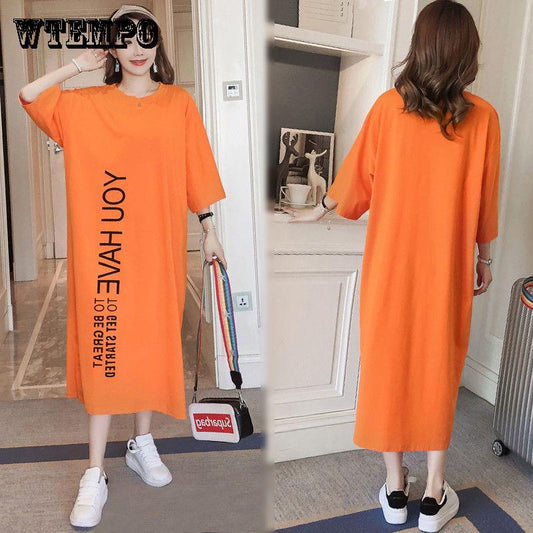 Women Dress Girl Loose O-Neck Batwing Sleeve Cotton Casual T-shirt Dress Long Style Vestido