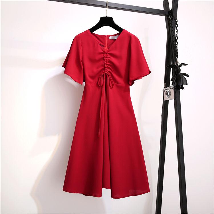 Pofulove Women Plus Size Dress Summer Drawstring Pleated Dress Flared Sleeves Midi Dress Party Dress