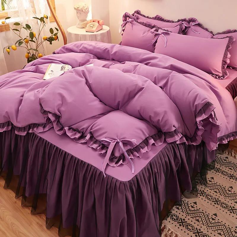 Korean Style Brushed Bed Skirt Four-piece Princess Style Bedspread Quilt Cover Thick Non-slip Lace Bedding