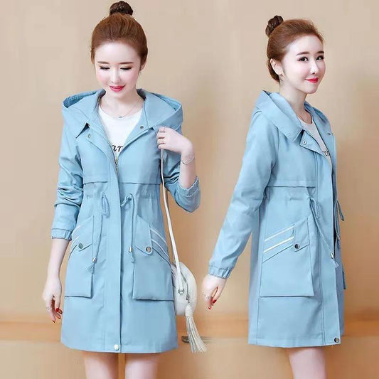 Double Layer Lining Windbreaker Women's Spring and Autumn Style Waist Loose Casual Hooded Raincoat Jacket