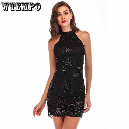 Sexy Nightclub Dress for Women Summer Black Sleeveless Neck Mounted Sequin Floral Bodycon Dresses Back Zippers