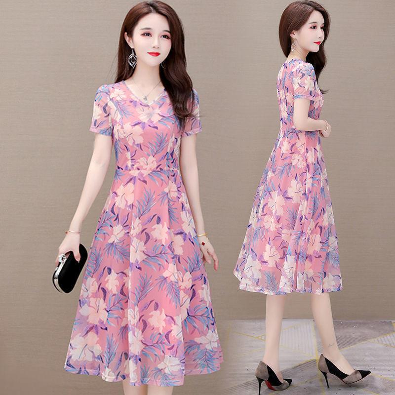 Women Summer Dress Vintage High Waist Short Sleeve Holiday Dress Elegant Slim Floral Printed Pleated Casual Dress