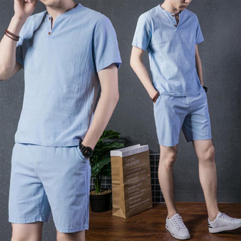 Cotton and Linen Suit Men's Plus Size Summer Retro Men's Short-sleeved Shirt Handsome Thin Section Sports and Leisure Two-piece Suit