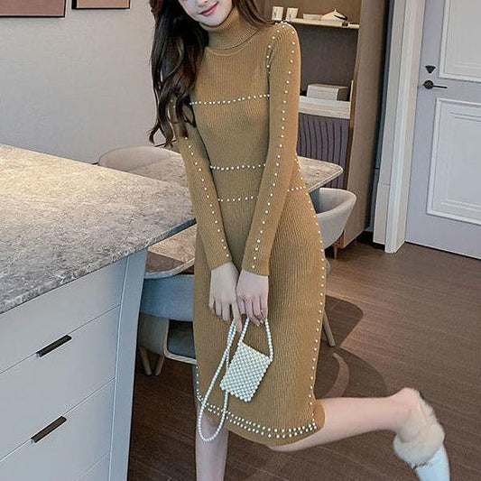 Autumn and Winter All-match Base Knitting Bead Decoration High-neck Slim-fit Hip Dress Temperament Long-sleeved Sweater Dress