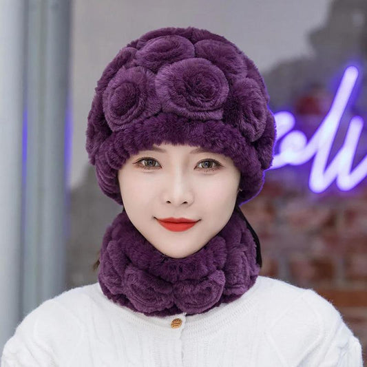 Women's Vintage Rex Rabbit Fur Floral Hat Scarf Set Warm Floral Vintage Autumn Winter Fur Hat All-match Ear Protection Hat Knitted Fur Caps Scarf Set