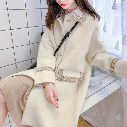 Women's Winter Elegant Mink Like Cashmere Loose Medium Length Overcoat Knitted Cardigan