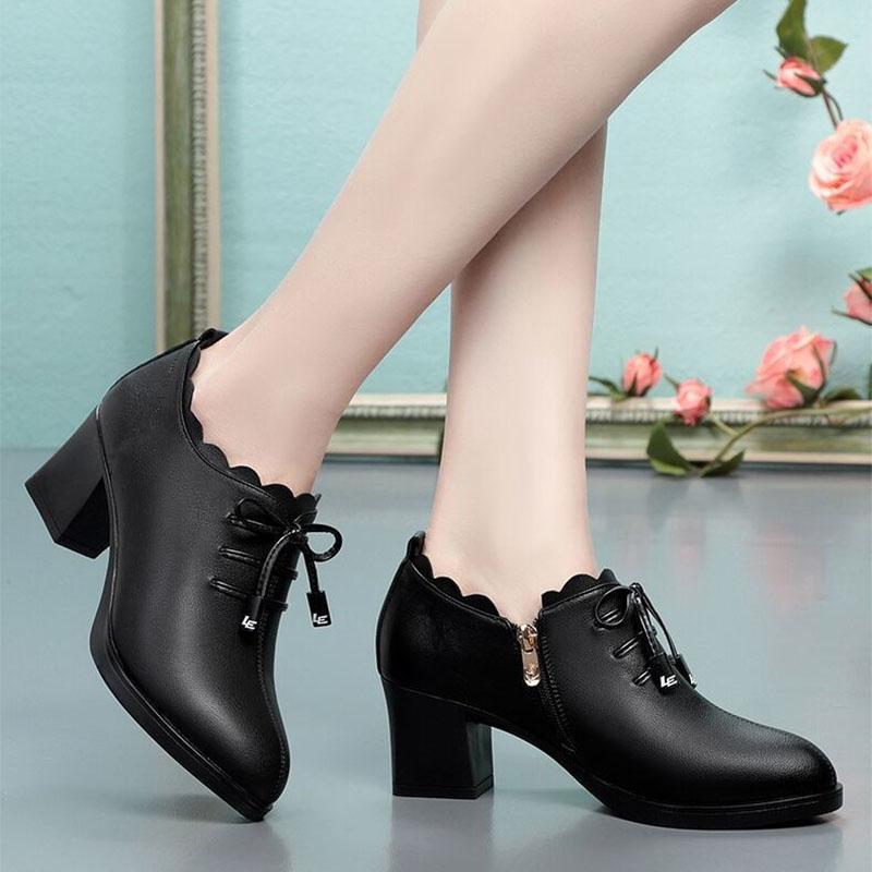 2021 Spring and Autumn New Deep-mouth Single Shoes Shoes Soft Sole Thick Heel Women's Shoes Bow Ladies Mid-heel Leather Shoes