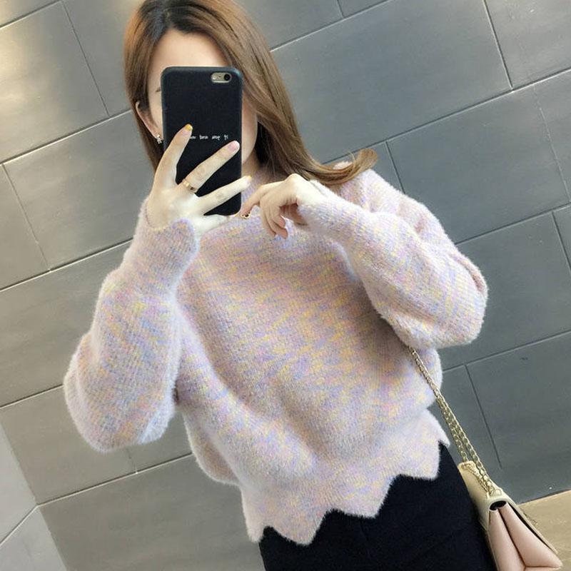 Autumn/winter Mohair Knit Top High Waist Thickened Bottoming Shirt Casual Rainbow Color Women's Sweater