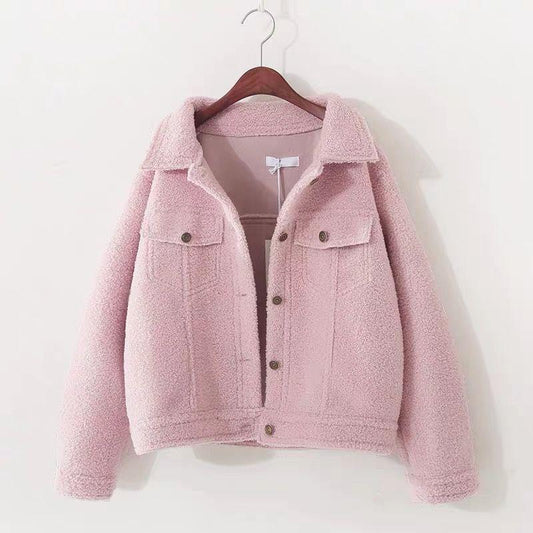 Autumn and Winter Lambskin Thin Short Cardigan Suede Woolen Thick Coat Cotton-padded Jacket Women