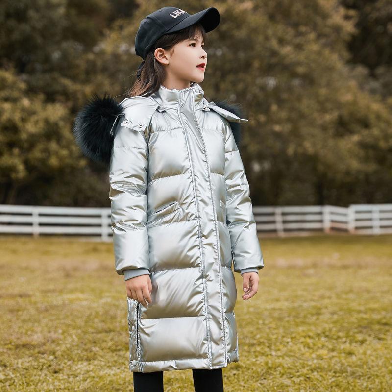 Children's Down Jacket Girls Mid-length Thickened Over The Knee Warm Down Jacket with Fur Collar