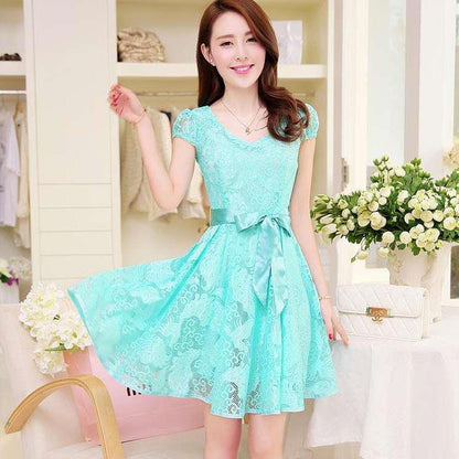 Women Vintage High Waist Super Fairy Holiday Dress Elegant Slim Lace Pleated Party Bow Dress