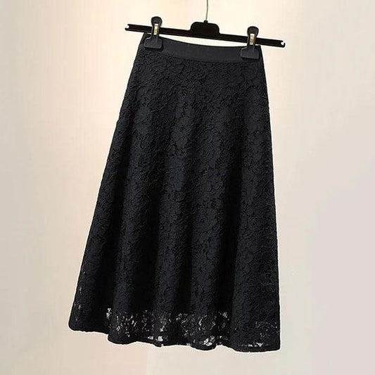 Women Spring Summer Skirt Gauze Pleated Mid-length High Waist Slim Solid Color Hook Flower Hollow Lace A-line Skirt