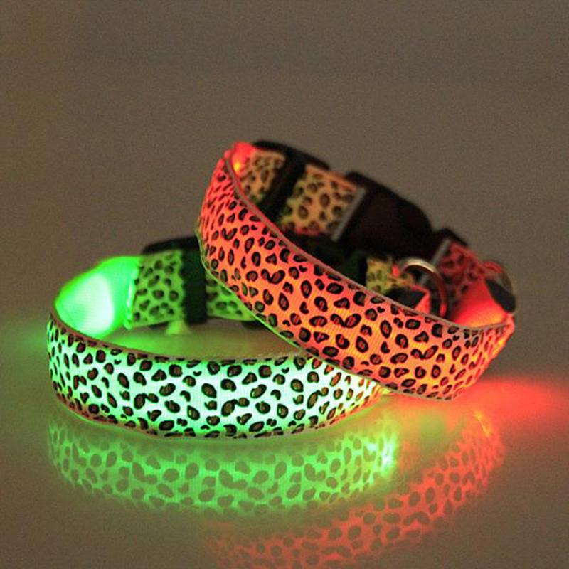 Leopard LED Dog Collar Luminous Adjustable Glowing Collar For Dogs Pet Night Safety Nylon Collar Luminous LED Bright Dog Collar