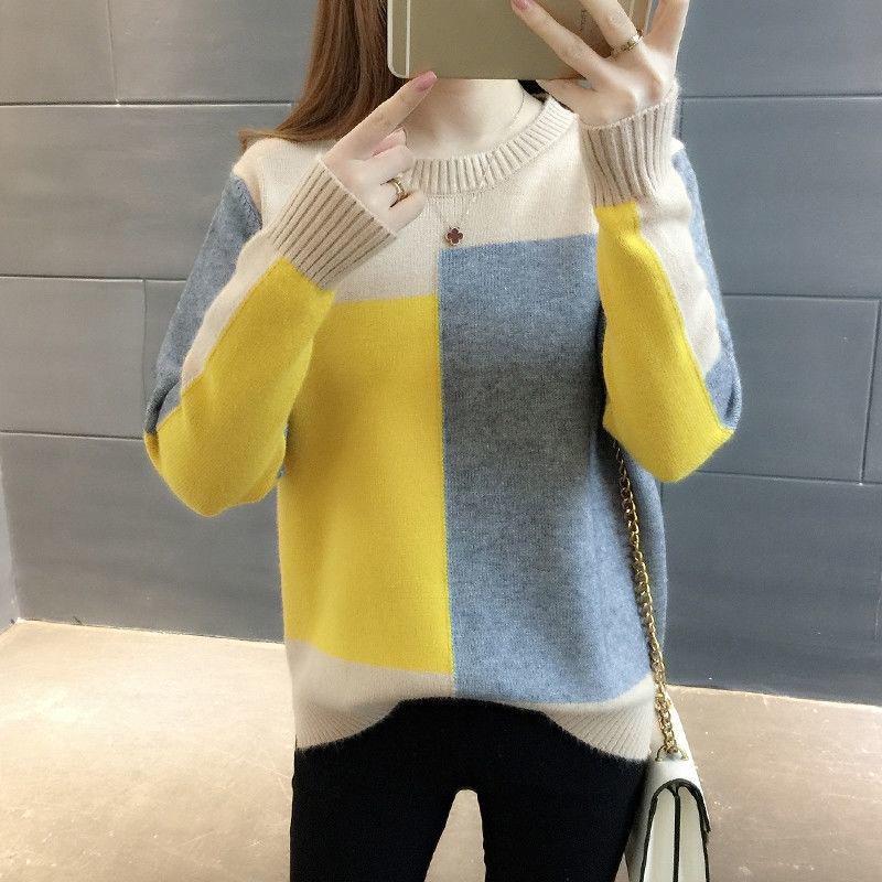 Candy-colored Knitted Bottoming Shirt Color Matching Thin Loose Blouse Plus Size Long-sleeved Sweater Women