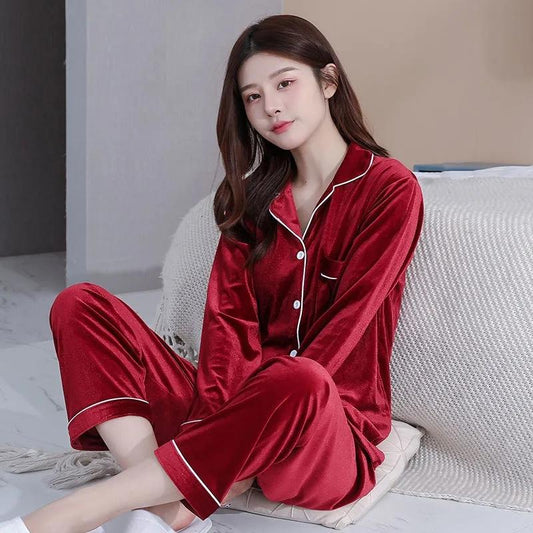 Women's Spring Autumn Gold Velvet Pajamas Set Lapel Button Simple Pyjamas Solid Long-sleeved Homewear Two-piece Set Comfortable Loose Sleeping Suit