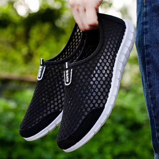 Men's Summer Breathable Hollow Sandals Dad Old Beijing Mesh Cloth Shoes Husband Leisure Sports Slip-On Mesh Shoes