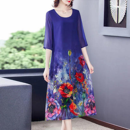 Women's Dress Imitated Ice Silk Print Dress Spring and Summer Plus Size Long Dress