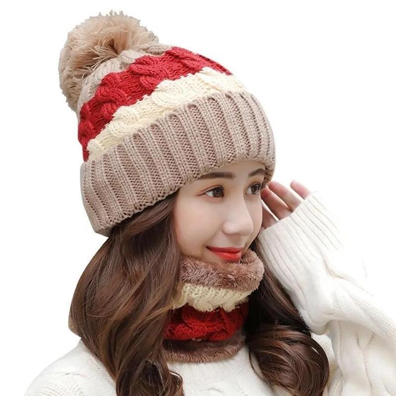 Women's Winter Knitted Hat Korean Style Woolen Cap Plus Velvet Fur Ball Warm Hat Cotton Cap Cycling Cold Proof Cap with Scarf Neck Protection