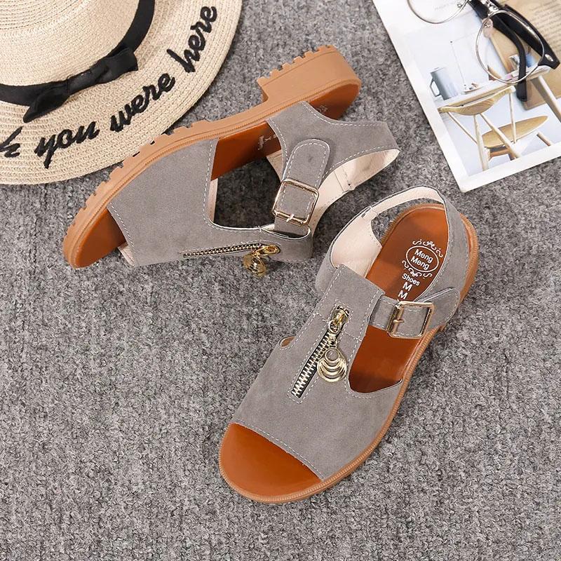 Women's Flat Sandals Summer One Word Buckle Shoes Zipper Stitching Flat Heels Simple Korean All-match Casual Sandals Soft Sole Comfortable Sandal