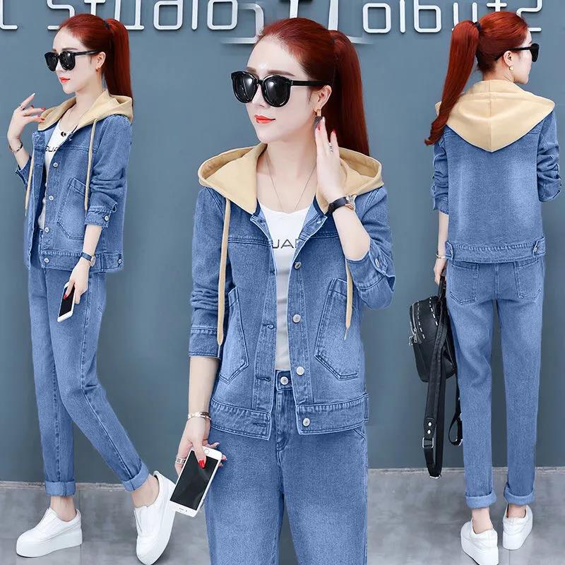 Casual Denim Suit Slimming Denim Hooded Jacket Long-sleeved Jacket + Jeans Two-piece Warm and Comfortable Ladies Casual Suit