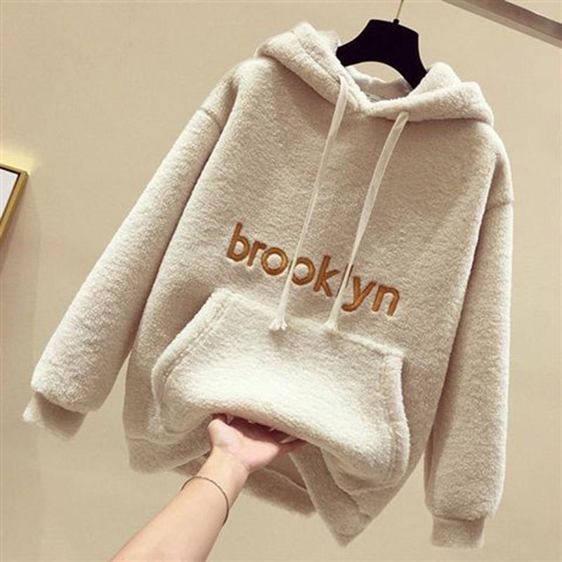 Cotton Women's Sweatshirt Wild Large Size Long Sleeve Warm Hood Top Autumn Winter Sweatshirt