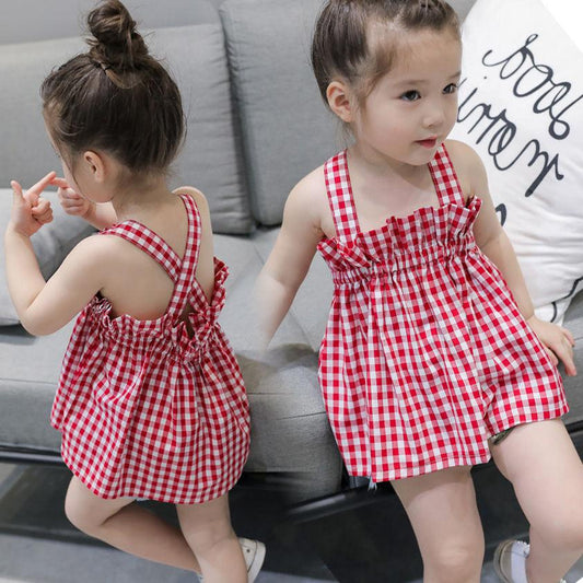 Children Dress Girls Summer Thin Sling Dress Plaid Sleeveless Back Cross Princess Dress Ruffle A-line Dress Suspender Dress