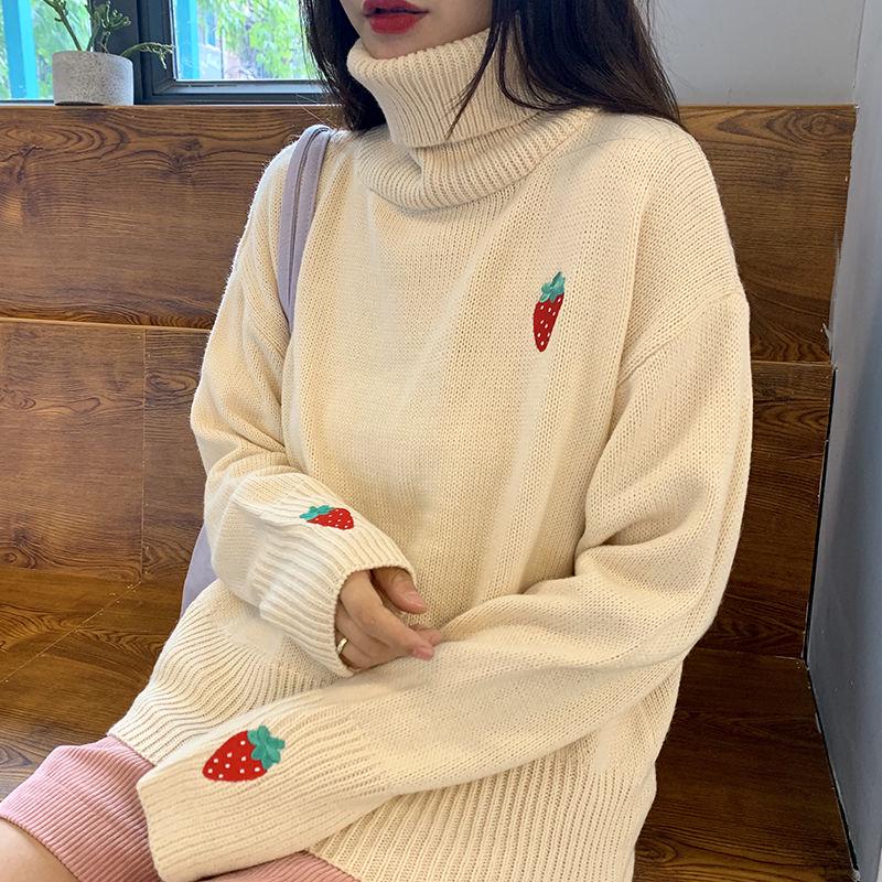 Autumn and Winter Fashion Loose Jacket Strawberry Embroidery Turtleneck Top Sweet Style Cute Female Sweater