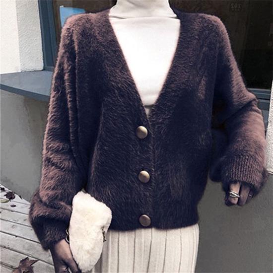 6 Colors Lazy Women Faux Mink Cashmere Loose V-neck Sweater Knitted Cardigan Button Jacket