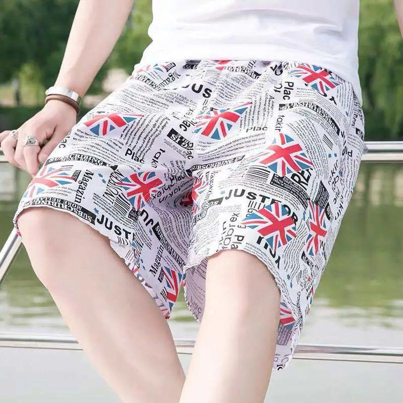 Summer Thin Cotton and Linen Breathable Printed Beach Pants Men's Sports Loose Large Size Quick-drying Five-point Pants Casual Outer Wear Shorts