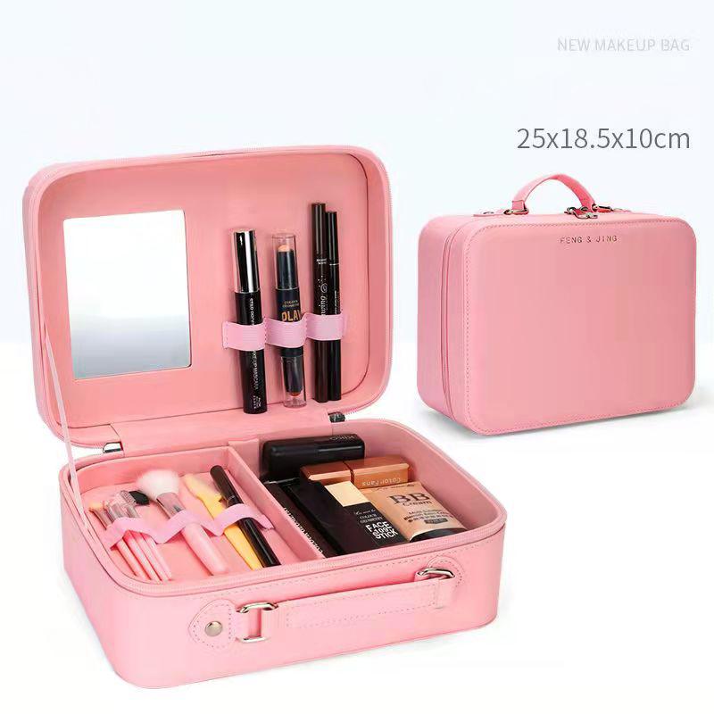 Large Capacity with Mirror Cosmetic Case Portable Makeup Case Travel Portable Cosmetic Storage Case Makeup Bag Organizer Pink Toiletry Bag