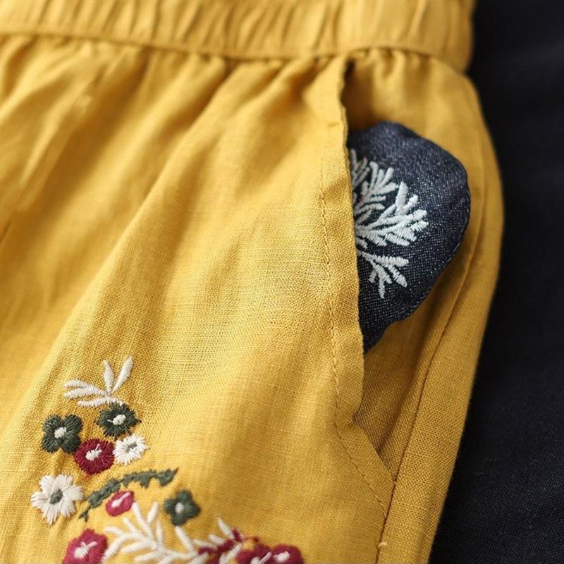 WTEMPO Cotton Retro Flower Embroidery Women Spring and Summer Loose Solid Color Casual Trousers