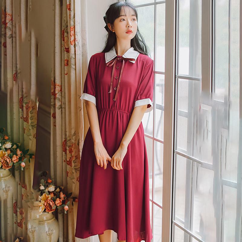 College Style Retro Slim Waist Temperament Dress Female Short-sleeved Mid-length Skirt A-line Skirt Bow Decoration Sweet and Cute