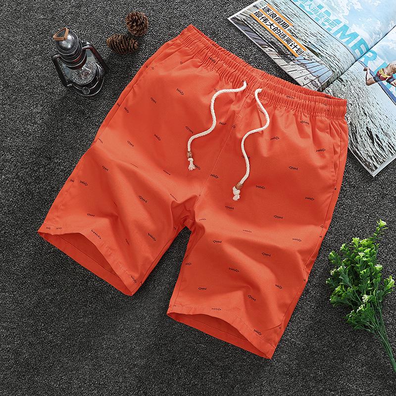 Pure cotton breathable five-point shorts men's summer casual sports shorts outside wearing fish bone print solid color beach pants