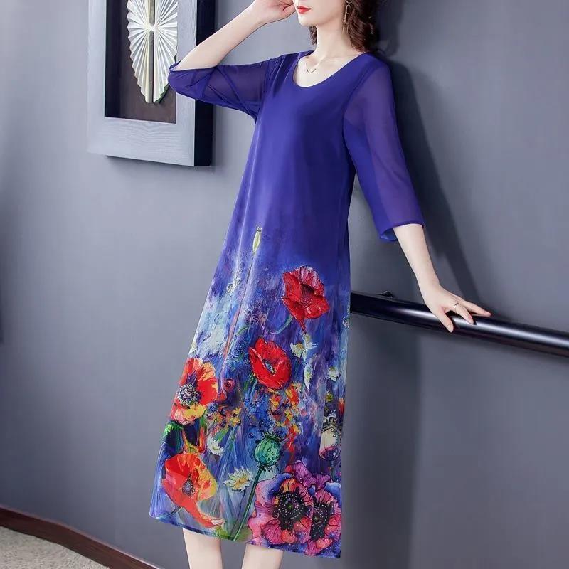 Women's Dress Imitated Ice Silk Print Dress Spring and Summer Plus Size Long Dress